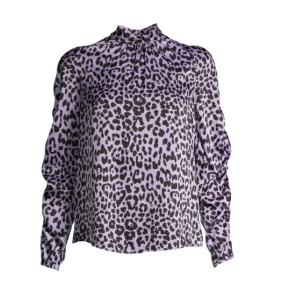 Animal Print Women's Mock Neck Top with Ruched Sleeves Extra Large